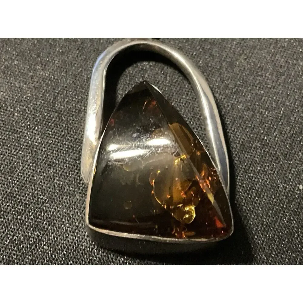 925 Italy Vintage 18in Box Chain Amber Pendant Necklace
